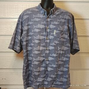 Columbia Button Down BLUE Shark 100% Cotton Shirt Short Sleeve Mens L Large
